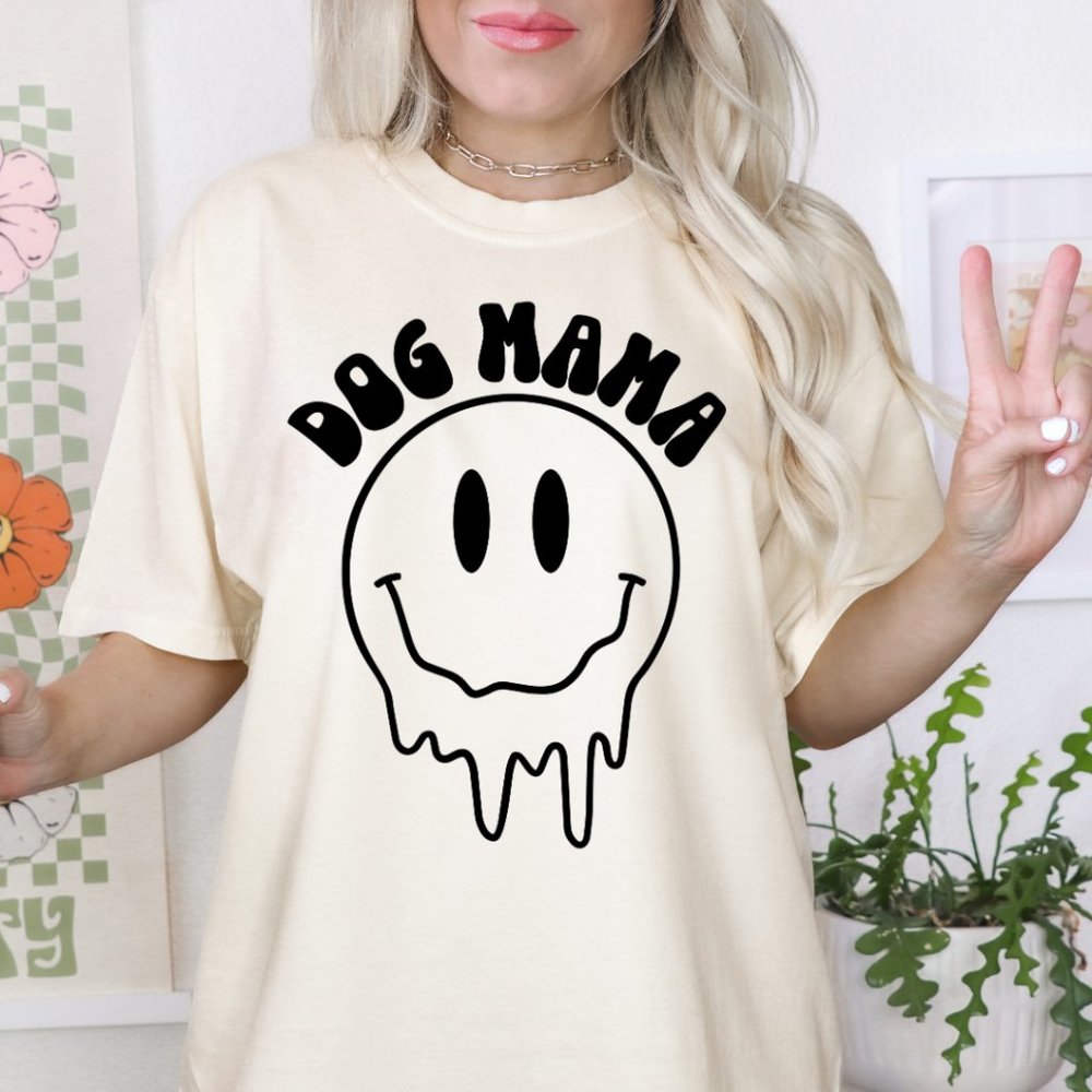 Dog Mama Drippy Smiley Retro Graphic Tee Sizes S-2XL Boutique, Smiley Face Tee